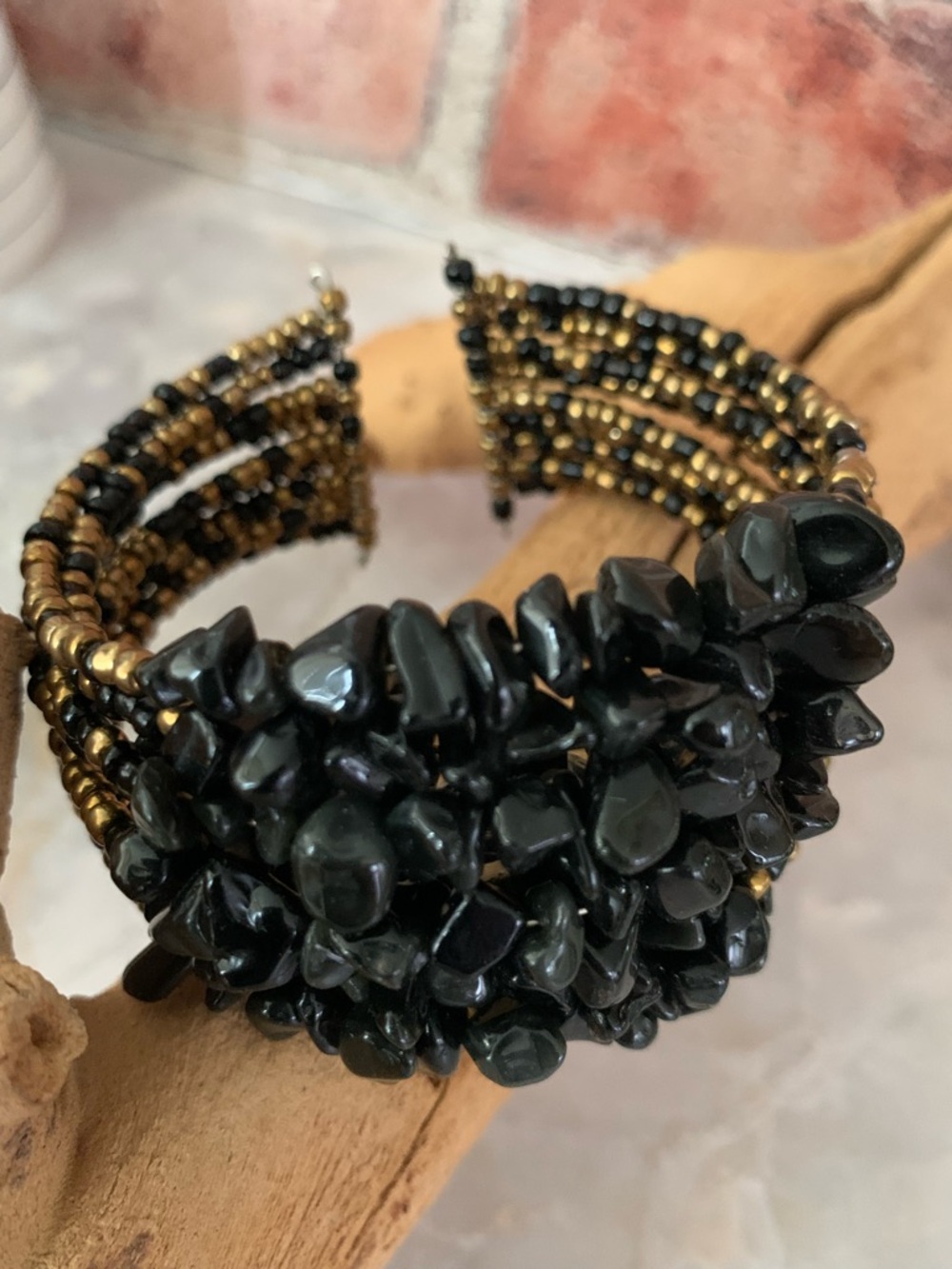 Black Onyx Chip Seed Beaded Cuff Bracelet
